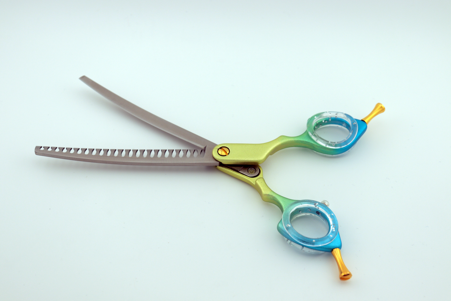 Pawfection Shears by Myke Ross 7" Asian Handle Blue/Gold Curved Chunkers Shears